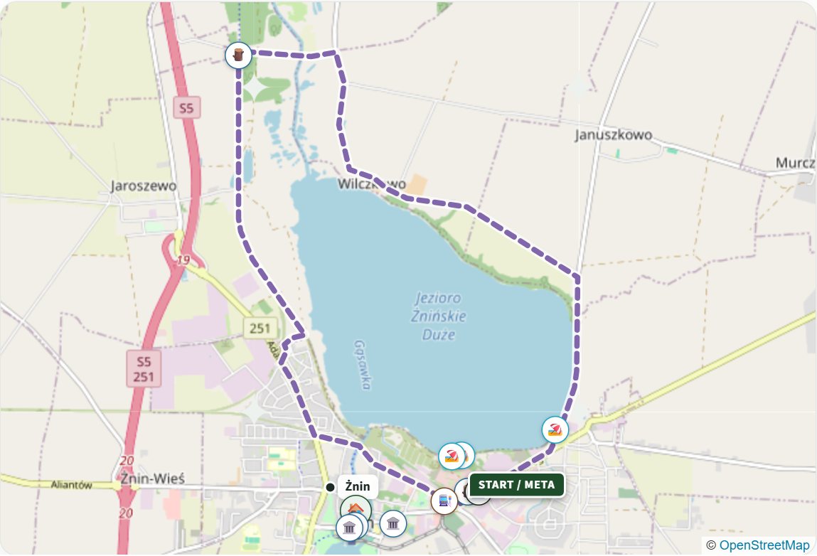 Town Route around Lake Żnińskie Duże - map
